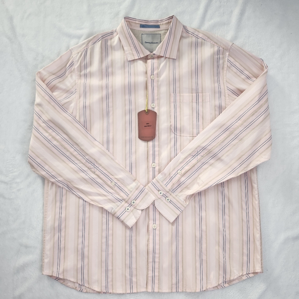 TOMMY BAHAMA Men's Cotton Shirt Cassis Embossed Stripes Pink Flamingo XL NWT